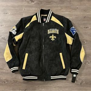 New Orleans Saints Black Suede Raglan Full Zip Varsity Jacket NFL Size XL